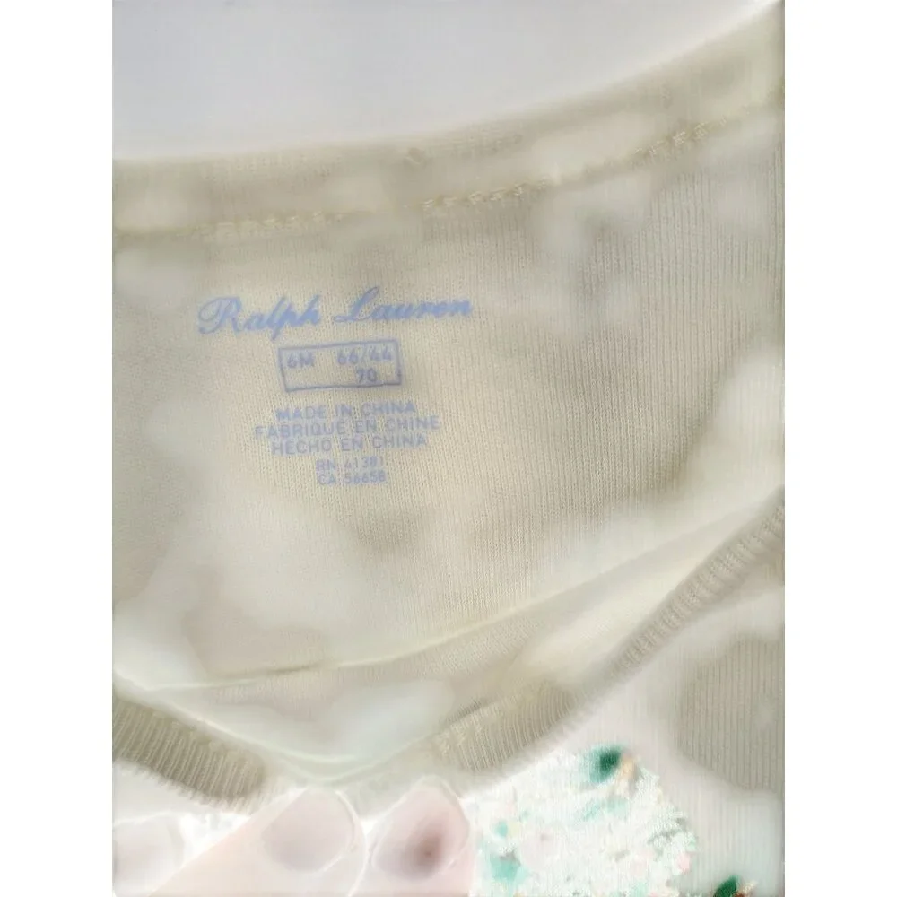 Ralph Lauren Baby White Long Sleeve Onesie With‎ Bear & Tree Print